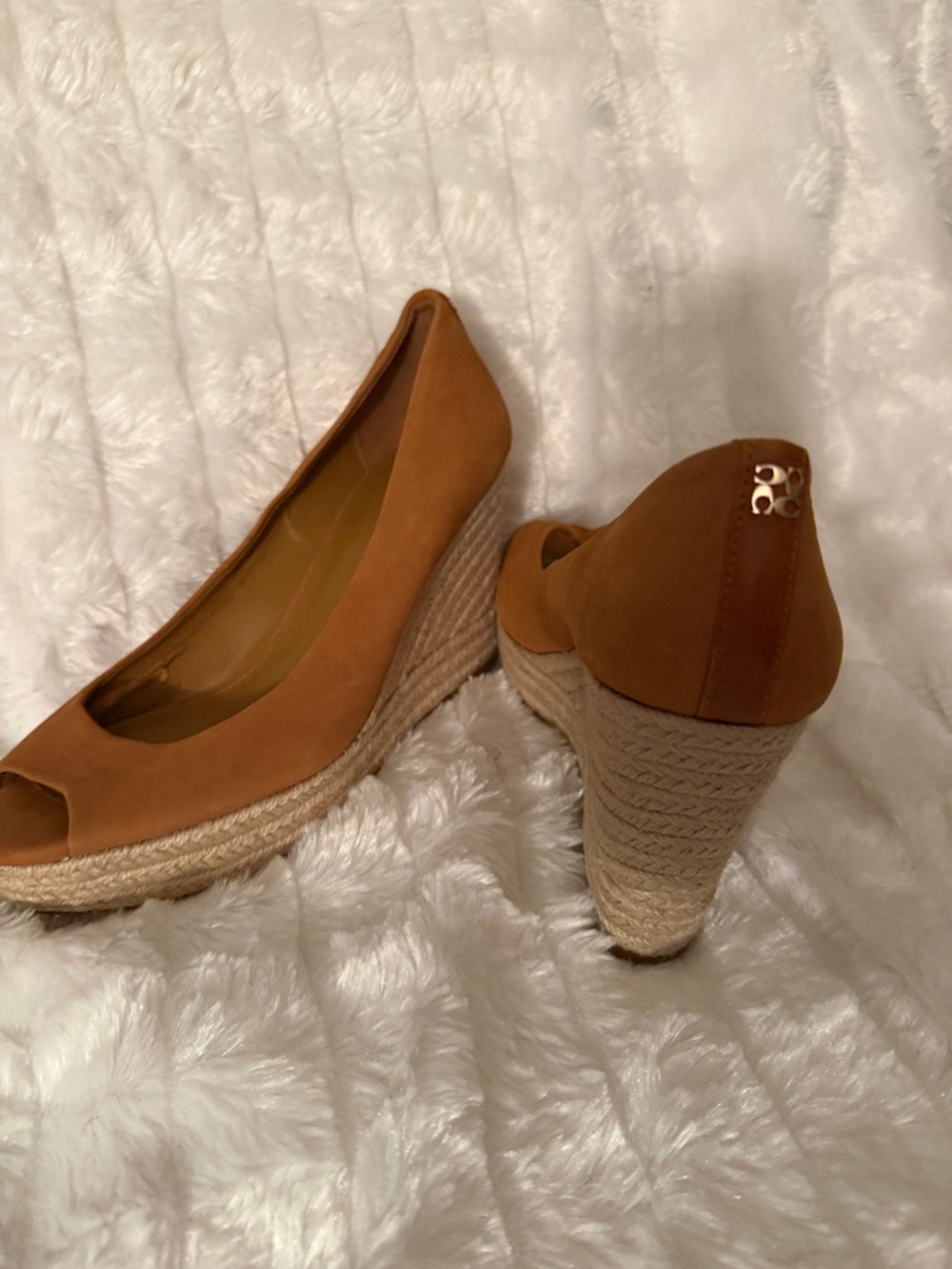 Coach Cognac Peep-Toe Espadrille Wedge Heels